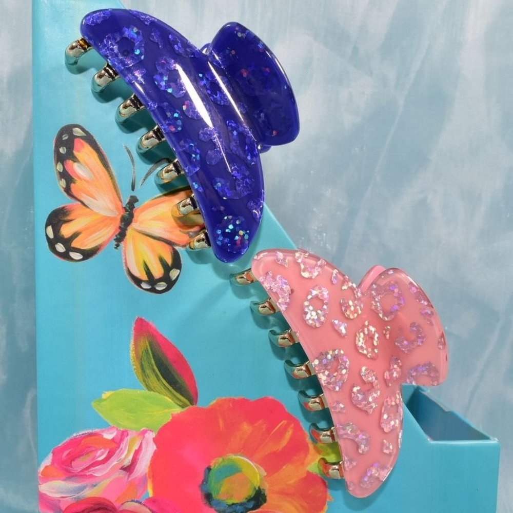 Corinne Sparkle Cheetah Glitter Abstract Stripe Hair Clip Set Pink Blue